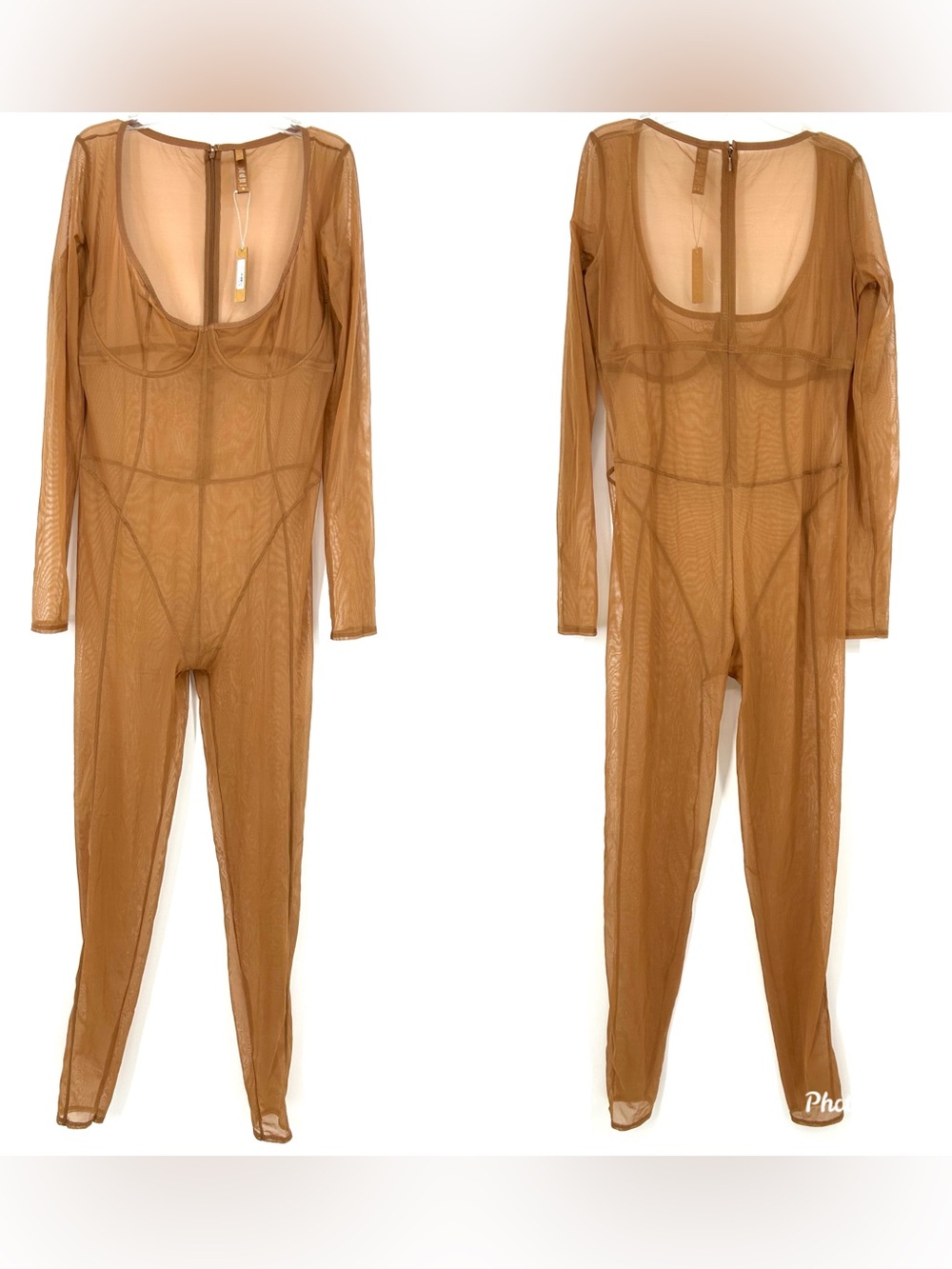 SKIMS UltraFine Mesh Long Sleeve Catsuit Bodysuit Brown Tan
